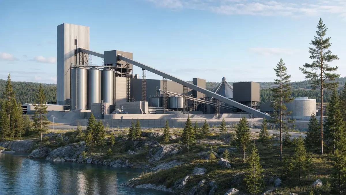 Architektur-Render einer modernen Metallverarbeitungsanlage inmitten schwedischer Waldlandschaft