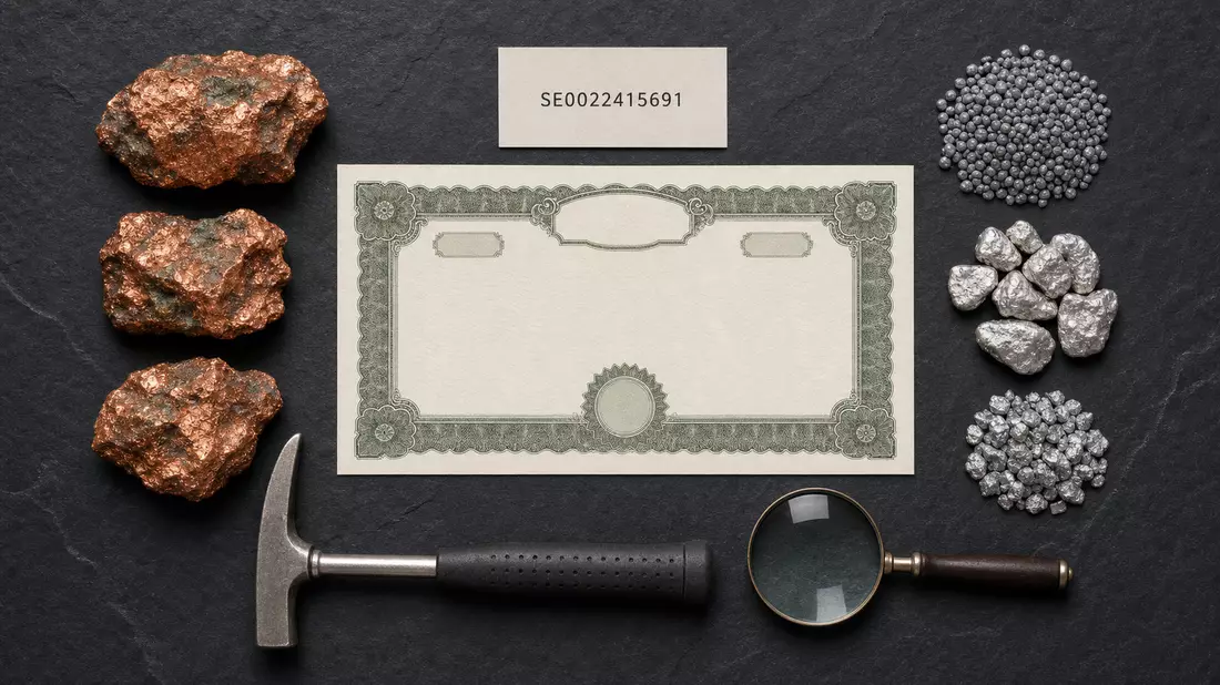 Flatlay mit Aktienzertifikat, ISIN-Karte, Erzproben und geologischem Werkzeug