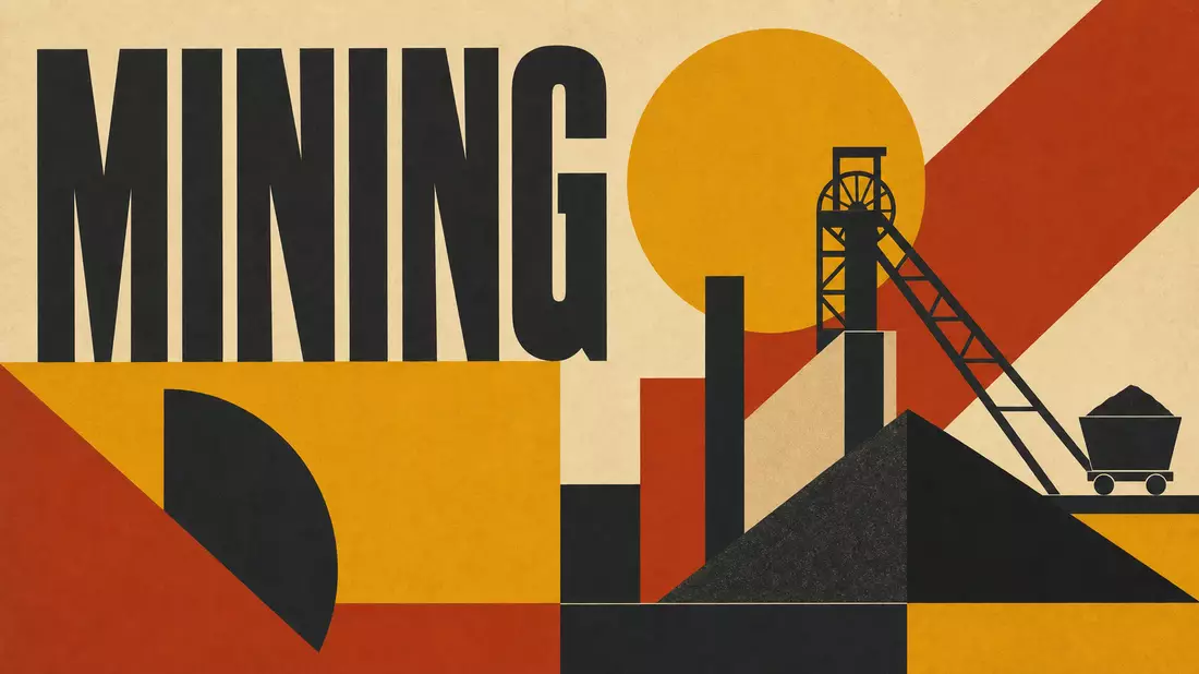 Bauhaus-Poster mit geometrischen Formen, kräftigen Farben und dem Wort MINING