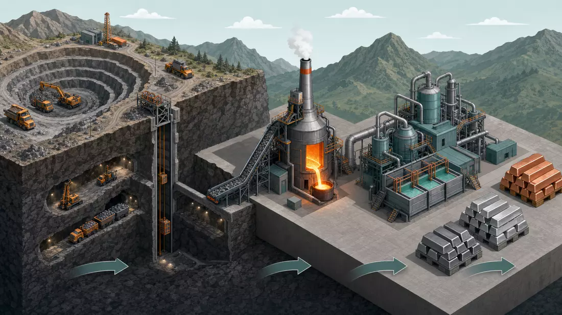 Isometrische 3D-Grafik der Wertschöpfungskette von Bergwerk bis fertigem Metall