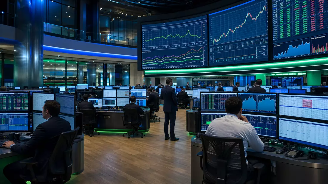 Börsen-Editorial mit Handelsraum, Bildschirmen und generischen Metallpreis-Charts im Hintergrund