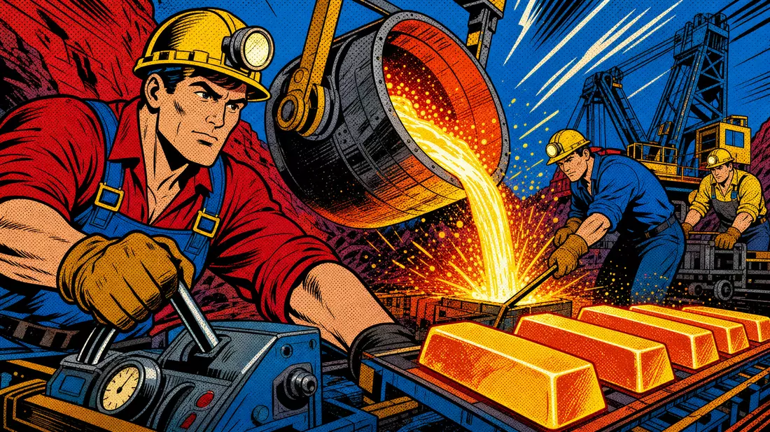 Pop-Art-Comic mit stilisierten Bergarbeitern und leuchtenden Metallblöcken in Aktion