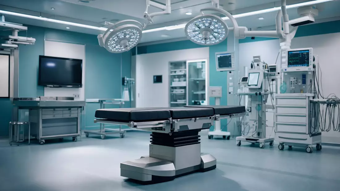 OP-Saal mit Operationstisch, Leuchten und Monitoren in Klinik