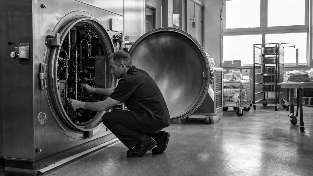Schwarzweißfoto: Techniker wartet Sterilisationsgerät im Klinik-Aufbereitungsraum