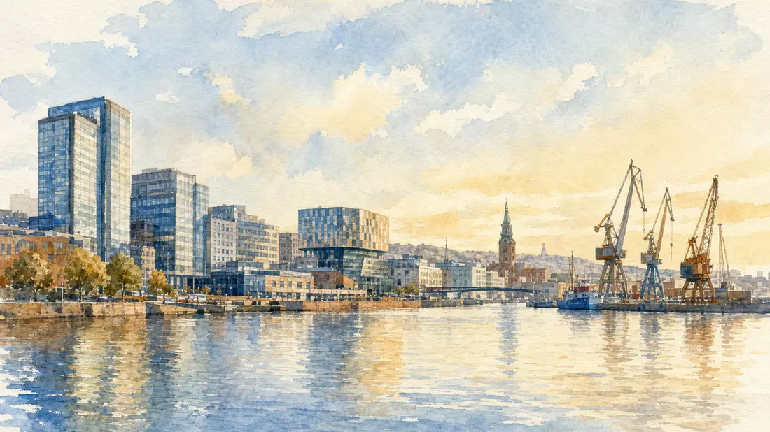 Aquarell der Göteborger Uferpromenade mit Hochhäusern und Hafenkränen