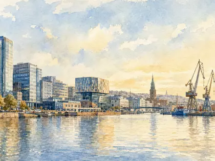 Getinge AB (ISIN SE0000202624) präsentiert die Hafenstadt Göteborg als sanftes Aquarellgemälde mit Bürogebäuden und Kränen - Foto: THN