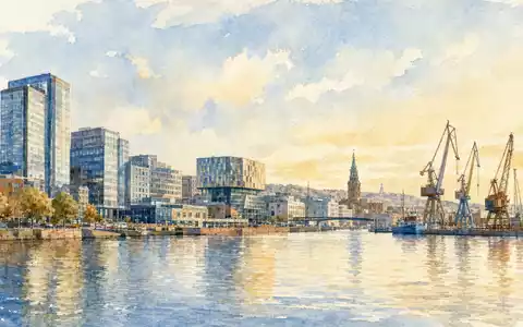 Getinge AB (ISIN SE0000202624) präsentiert die Hafenstadt Göteborg als sanftes Aquarellgemälde mit Bürogebäuden und Kränen - Foto: THN