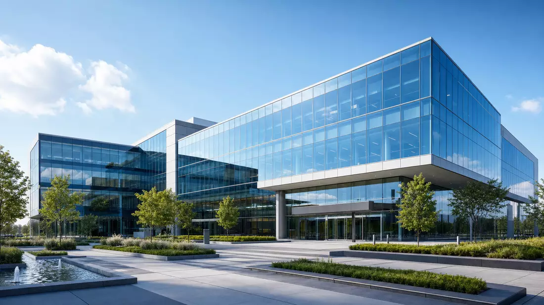 Architektur-Render einer modernen Glasfassade mit Firmenzentrale und Grünflächen