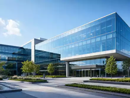Getinge AB (ISIN SE0000202624) inspiriert diesen Architektur-Render einer modernen gläsernen Medizintechnik-Firmenzentrale mit klaren Linien - Foto: THN