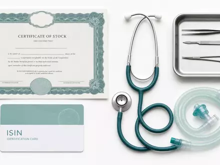 Getinge AB (ISIN SE0000202624) illustriert dieses Flatlay mit Aktienzertifikat, ISIN-Karte und medizintechnischen Instrumenten arrangiert - Foto: THN