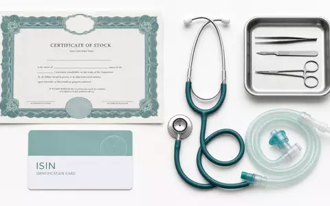 Getinge AB (ISIN SE0000202624) illustriert dieses Flatlay mit Aktienzertifikat, ISIN-Karte und medizintechnischen Instrumenten arrangiert - Foto: THN