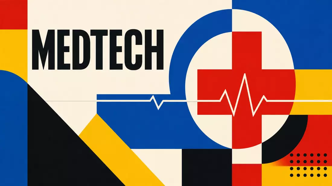 Bauhaus-Poster mit Formen, Herzschlaglinie und Schriftzug MEDTECH in Primärfarben
