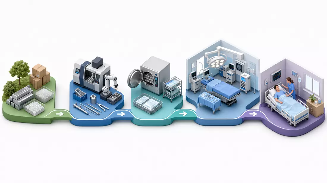 Isometrische 3D-Grafik zeigt Wertschöpfungskette von Fertigung bis Patientenbett