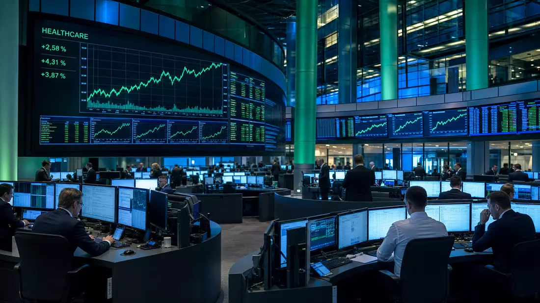 Börsenhandelsraum Nasdaq Stockholm mit Healthcare-Aktienchart-Bildschirmen und Händlern