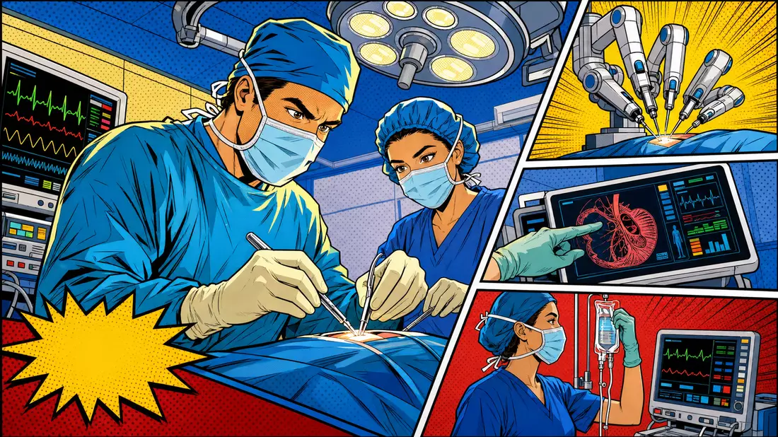 Pop-Art-Comic zeigt Chirurgenteam mit Operationsroboter und Monitoren in Farbe