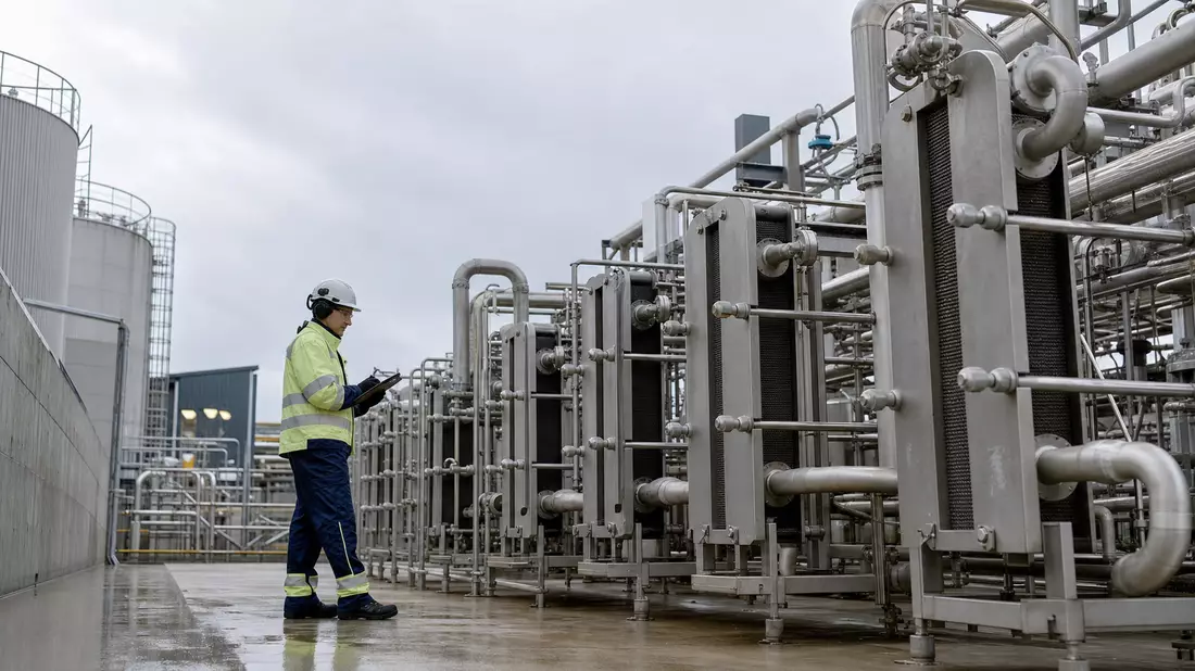 Ingenieur prüft Edelstahl-Wärmetauscher in moderner Industrieanlage bei Tageslicht
