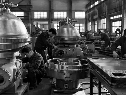 Alfa Laval AB (SE0000695876) steht für Separatoren-Fertigung, dokumentiert in dieser dramatischen Schwarzweiß-Werksreportage heute - Foto: THN