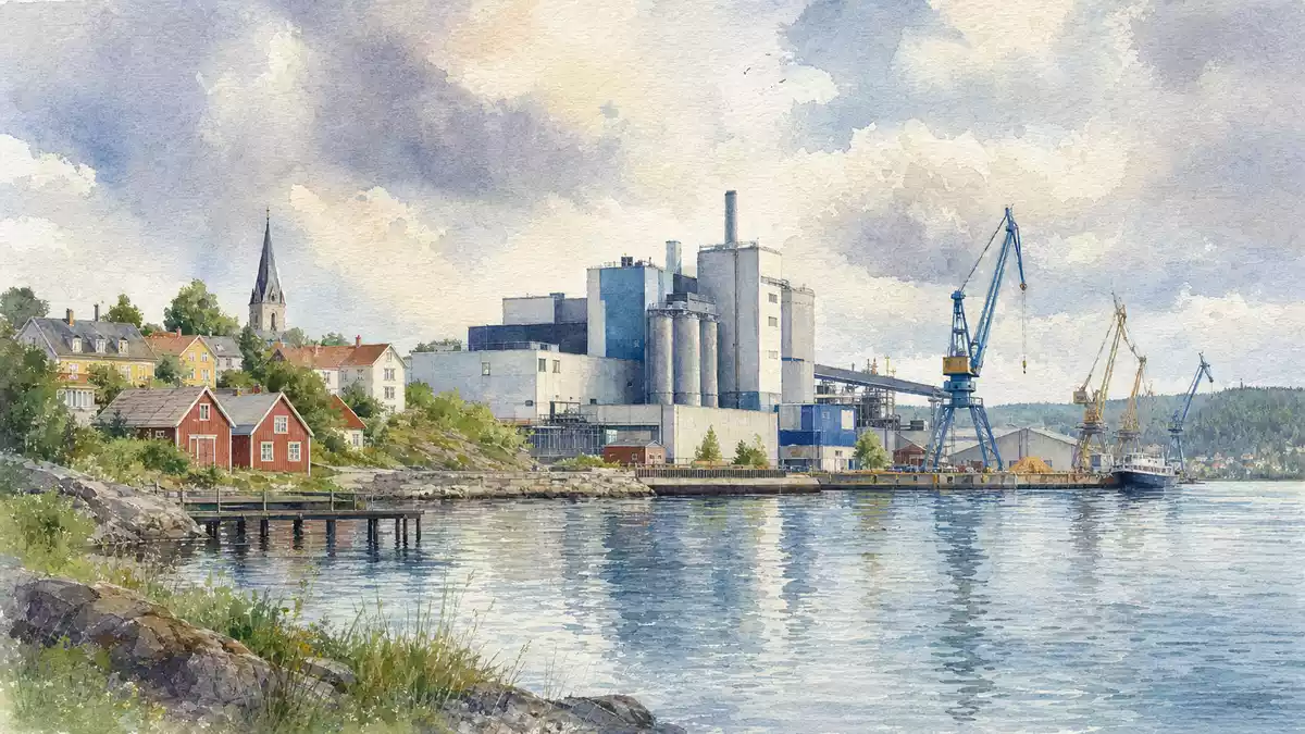 Aquarellmalerei einer schwedischen Industrie-Hafenstadt mit Fabrikgebäude und Kränen