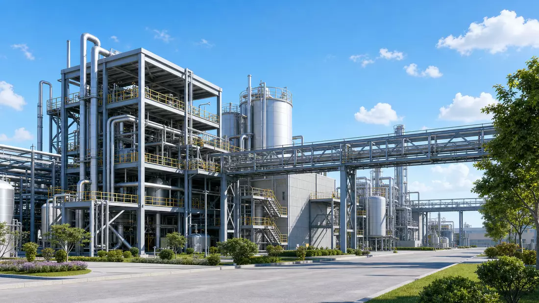 3D-Architekturrender einer modernen Industrieanlage mit Tanks und Rohrleitungen