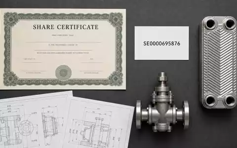 Alfa Laval AB (ISIN SE0000695876) symbolisiert dieses Flatlay mit Aktienzertifikat und Wärmetauscher-Komponenten - Foto: THN