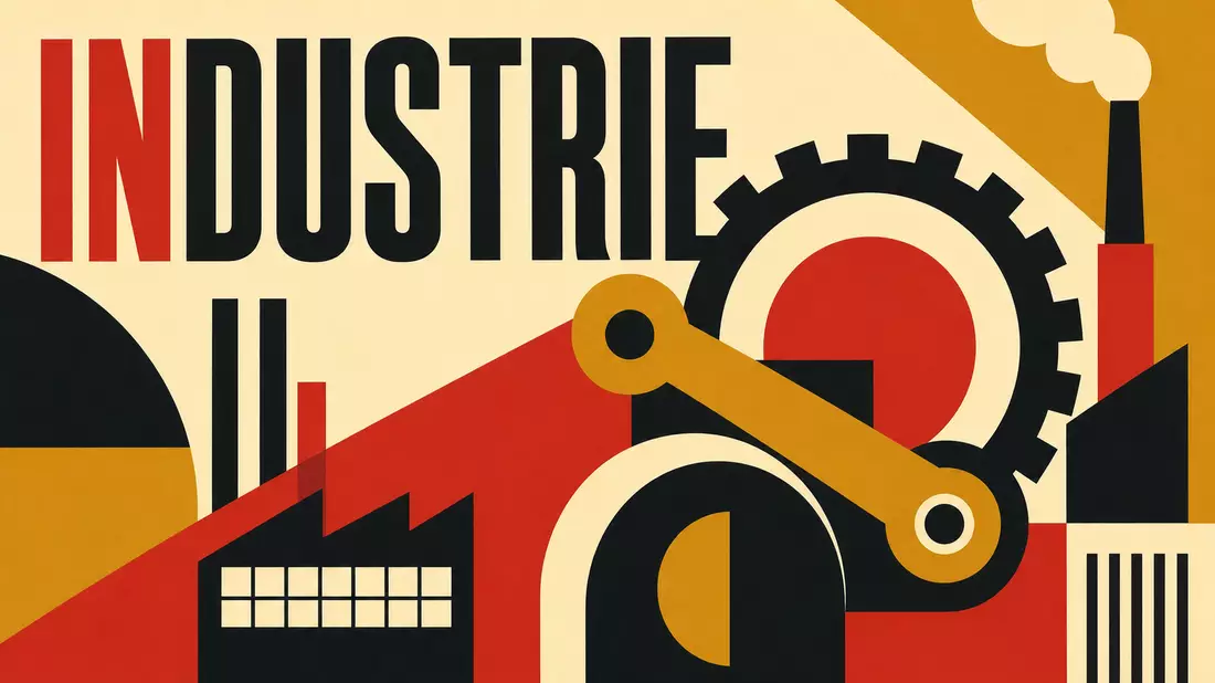 Bauhaus-Poster mit geometrischen Formen und dem Schriftzug Industrie in Rot und Ocker