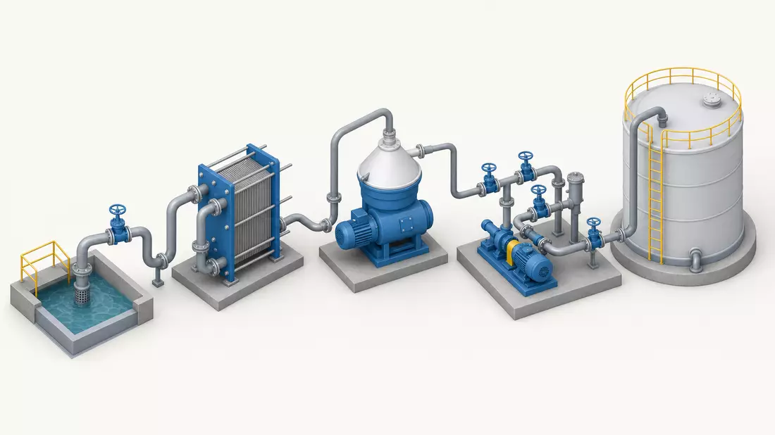 Isometrische 3D-Grafik einer Prozesskette mit Wärmetauscher, Separator und Pumpen