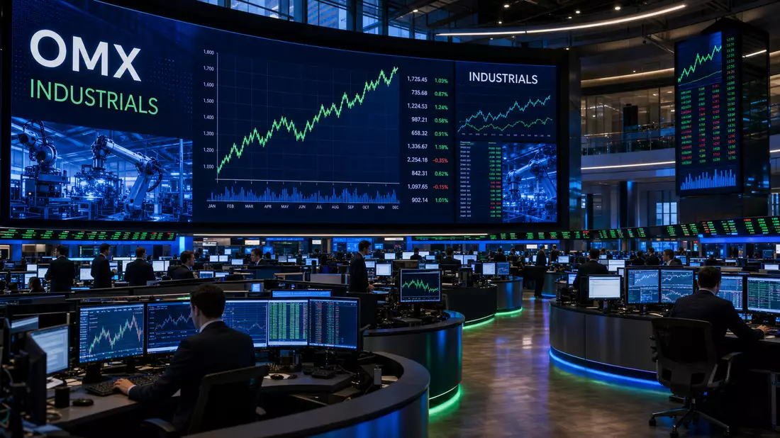 Trading-Floor mit Bildschirmen, die Industrie-Sektor-Charts und OMX-Kürzel zeigen