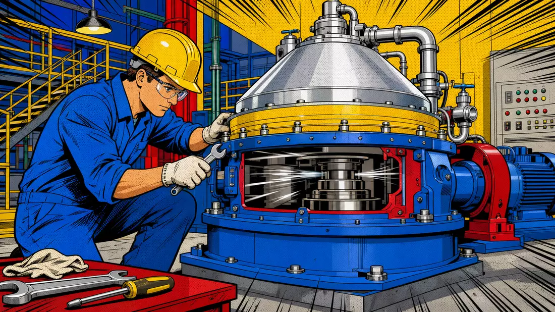 Pop-Art-Comic-Illustration eines Technikers an einer bunten Zentrifugalseparator-Maschine