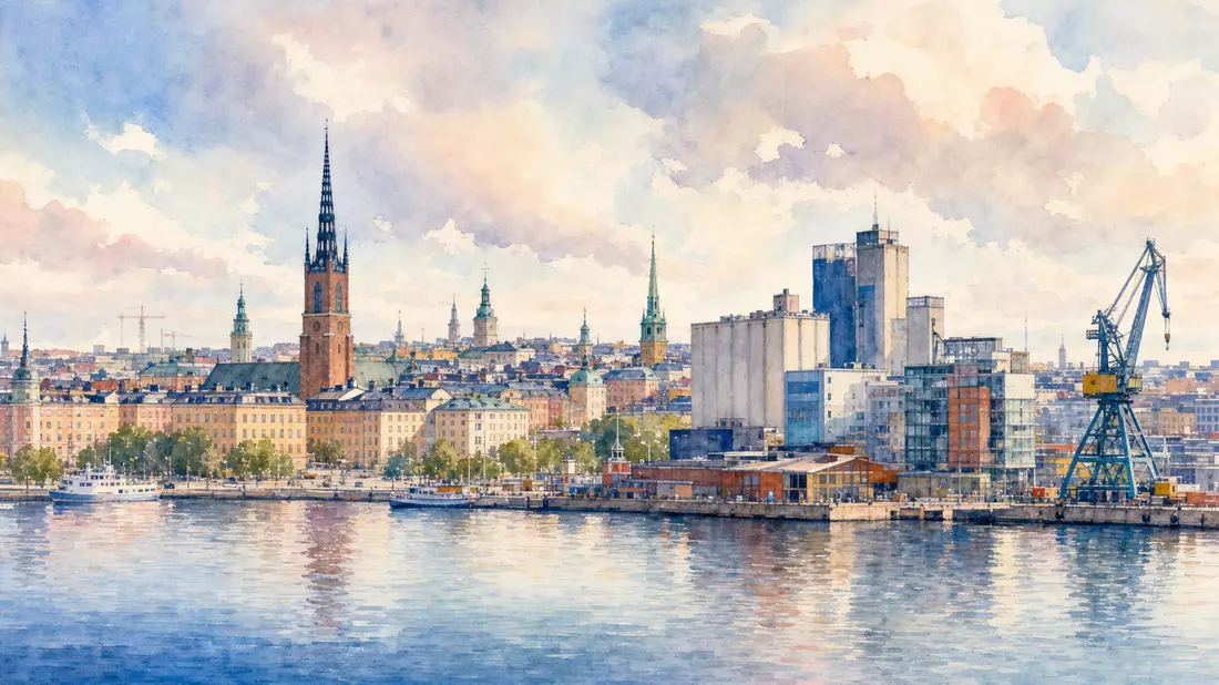 Aquarellmalerei der Stockholmer Skyline mit Industriehafen und Wasserfront