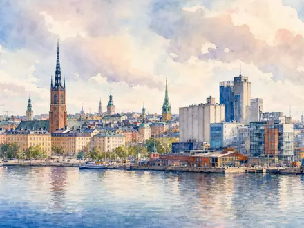 Epiroc AB, ISIN SE0015658109, hat den Firmensitz nahe Stockholm, dargestellt als Aquarellstadtansicht - Foto: THN