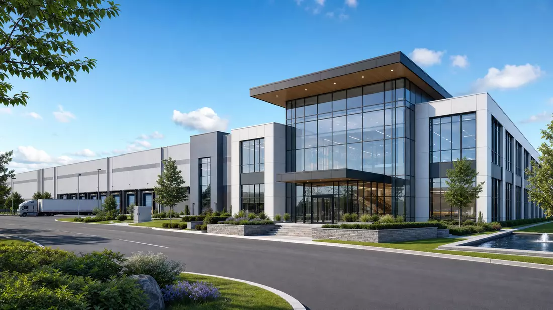 Architektur-Render einer modernen Industrieanlage mit Glasfassade und Grünflächen