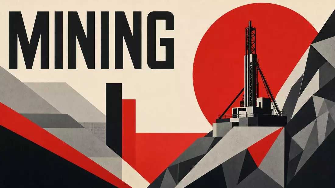 Geometrisches Bauhaus-Poster mit Bohrturm-Silhouette und Schriftzug MINING