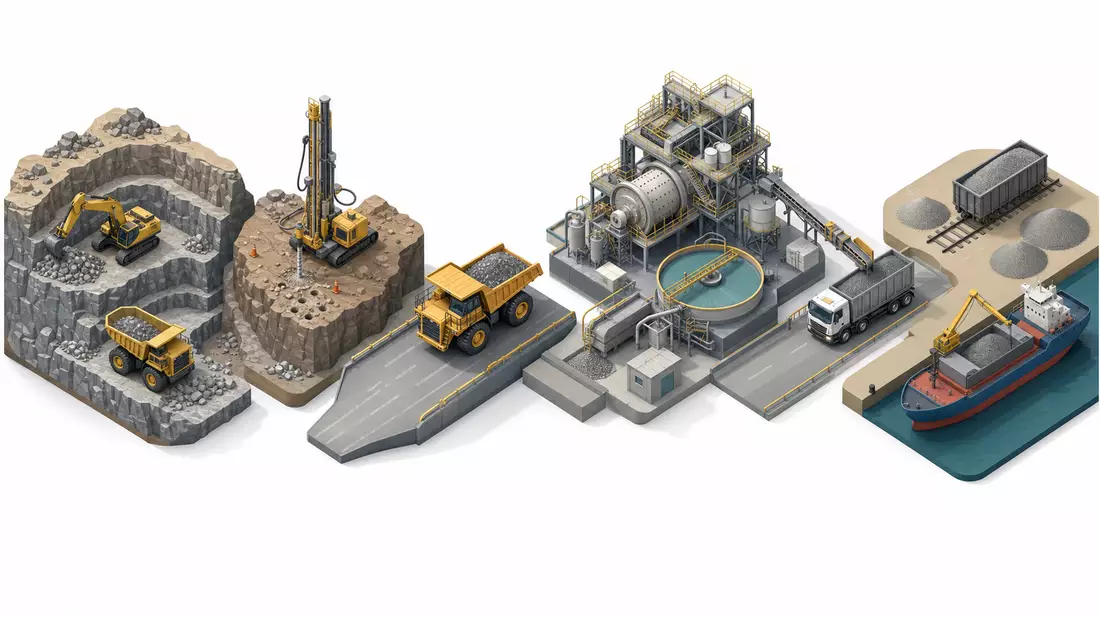 Isometrische 3D-Grafik der Wertschöpfungskette von Bergbau bis Schiffstransport