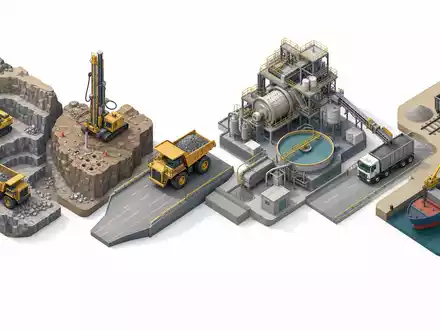 Epiroc AB, ISIN SE0015658109, zeigt die Wertschöpfungskette der Bergbauindustrie als isometrische 3D-Grafik dargestellt - Foto: THN