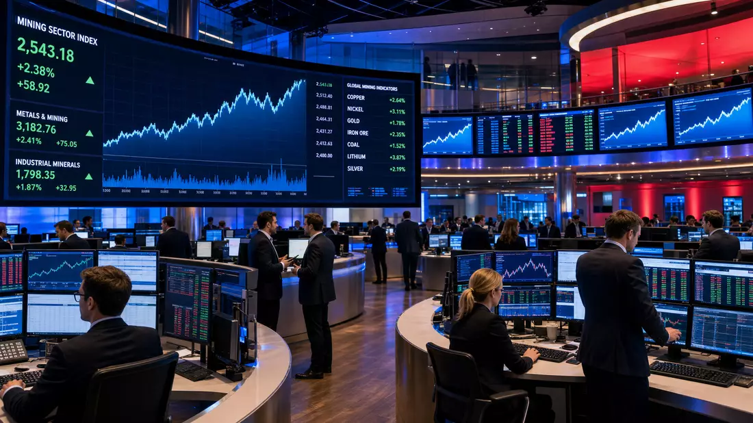 Börsen-Editorial mit Trading-Floor, Bildschirmen und Bergbau-Sektor-Indexkursen
