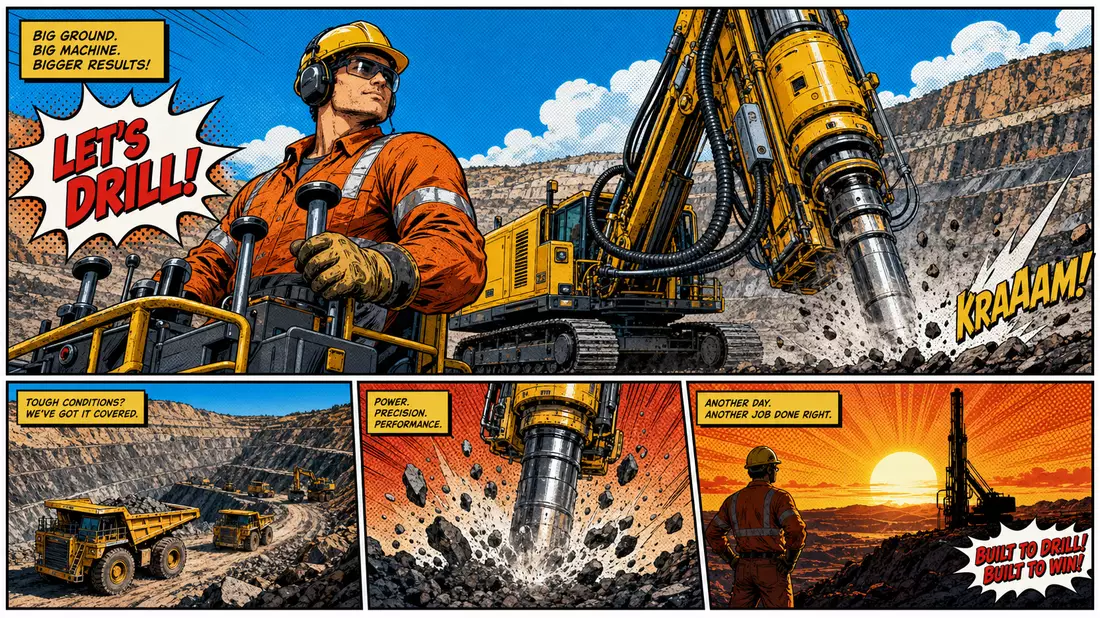 Pop-Art-Comic mit Arbeiter und großem Bohrgerät im farbenfrohen Tagebau