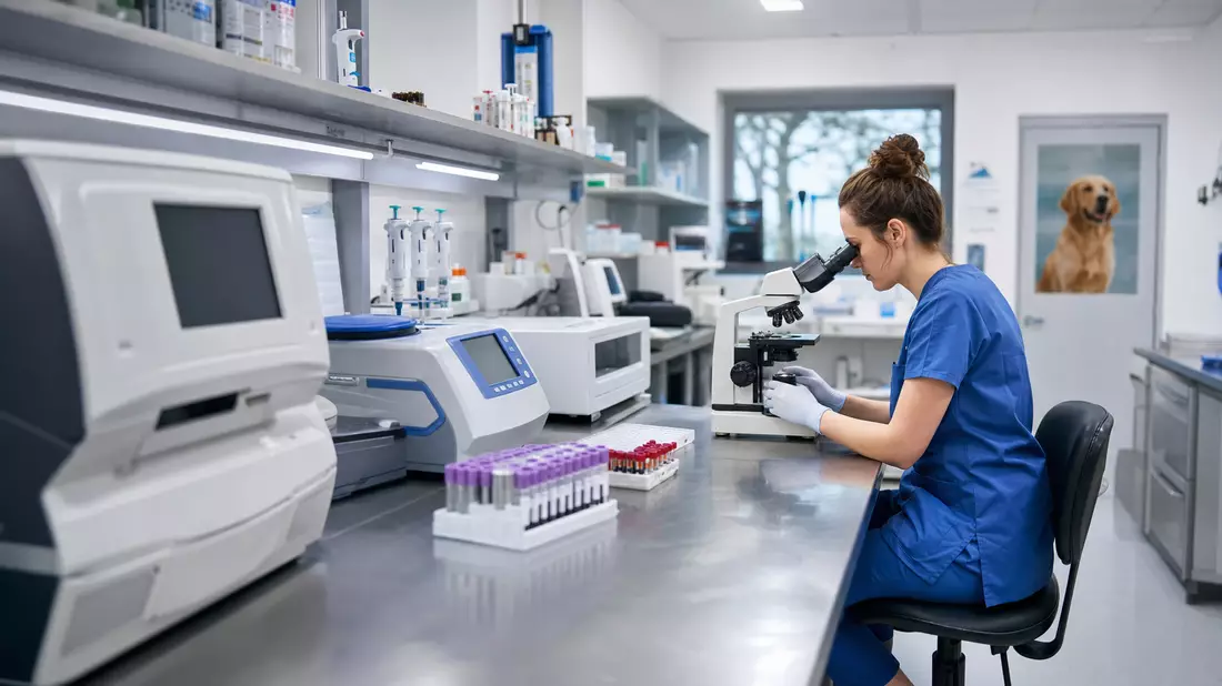 Moderne Veterinärdiagnostik-Labor mit Analysegeräten, Blutproben und Technikerin