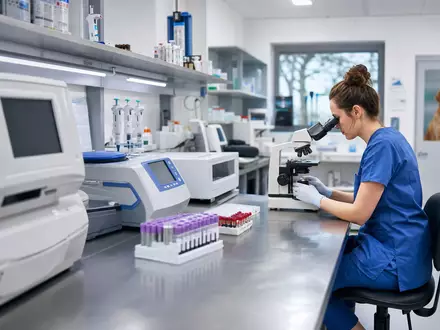 IDEXX Laboratories US45168D1046 zeigt ein modernes Veterinärdiagnostik Labor mit Analysegeräten und Technikerin - Foto: THN
