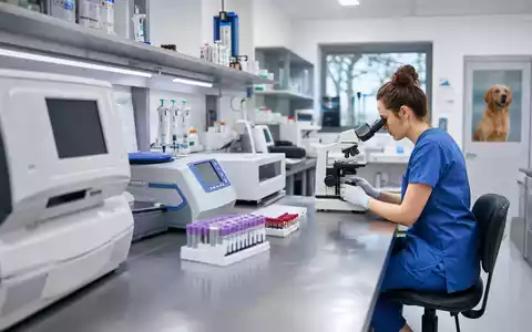 IDEXX Laboratories US45168D1046 zeigt ein modernes VeterinÀrdiagnostik Labor mit AnalysegerÀten und Technikerin - Foto: THN