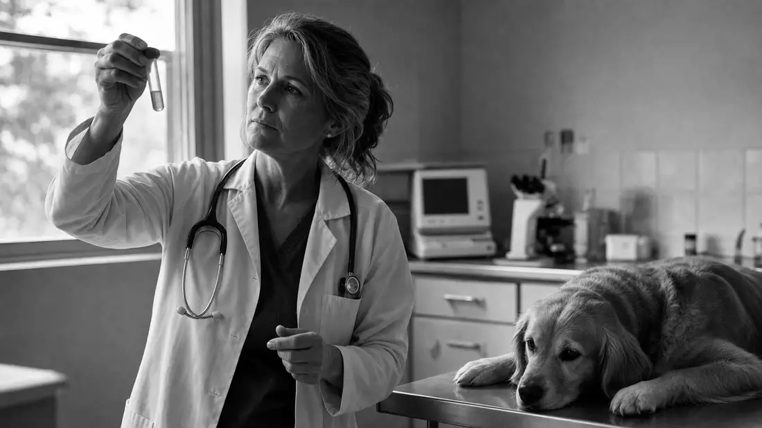 Schwarzweiß-Reportage: Tierärztin prüft Probe, Hund auf Untersuchungstisch im Hintergrund