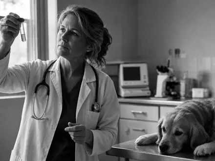 IDEXX Laboratories US45168D1046 dokumentarische Schwarzweiß Aufnahme Tierärztin analysiert Probe neben ruhigem Hund - Foto: THN