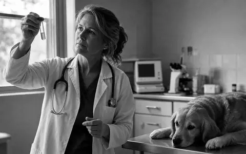 IDEXX Laboratories US45168D1046 dokumentarische Schwarzweiß Aufnahme Tierärztin analysiert Probe neben ruhigem Hund - Foto: THN