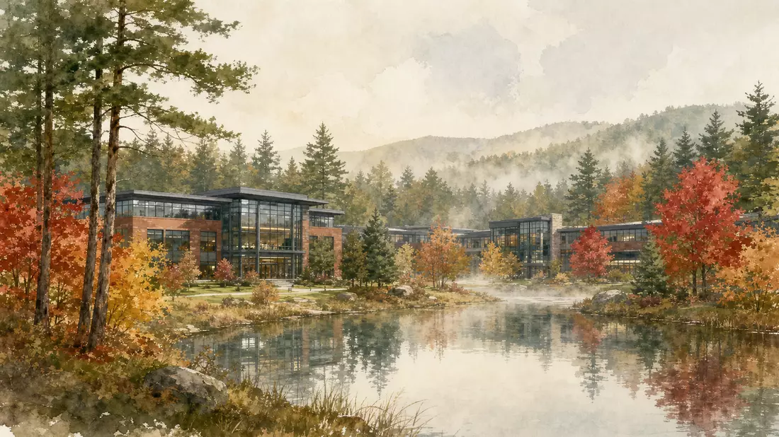 Aquarell-Illustration: Bürocampus in Maine mit Herbstbäumen, Teich und Kiefernwald