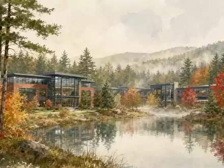 IDEXX Laboratories US45168D1046 Aquarell zeigt den Unternehmensstandort Maine im Herbst mit Teich und Kiefernwald - Foto: THN