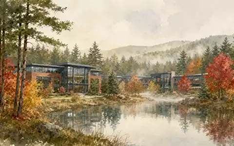 IDEXX Laboratories US45168D1046 Aquarell zeigt den Unternehmensstandort Maine im Herbst mit Teich und Kiefernwald - Foto: THN