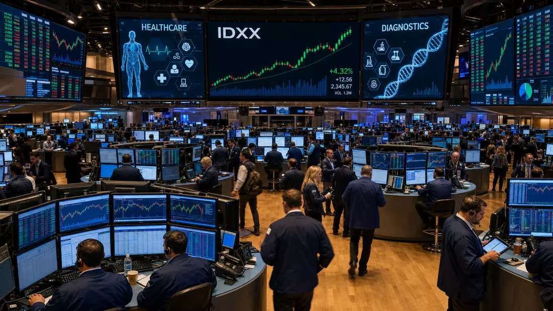 NASDAQ-Trading-Floor mit Händlern, Monitoren und Healthcare-Diagnostik-Kursgrafiken
