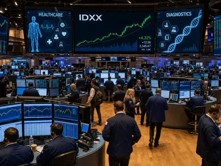 IDEXX Laboratories US45168D1046 NASDAQ Börsensaal mit Händlern Monitoren und Healthcare Diagnostik Kurscharts - Foto: THN
