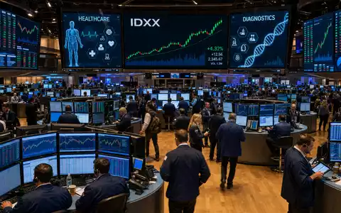 IDEXX Laboratories US45168D1046 NASDAQ Börsensaal mit Händlern Monitoren und Healthcare Diagnostik Kurscharts - Foto: THN