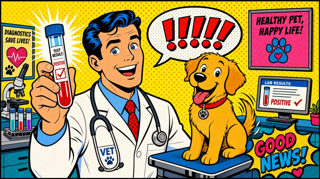 Pop-Art-Comic: Cartoon-Tierarzt mit leuchtendem Reagenzglas und frohem Hund, Halbtonpunkte