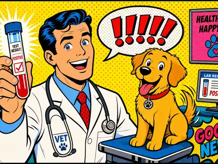 IDEXX Laboratories US45168D1046 Pop Art Comic zeigt fröhliche Tierarzt Veterinärdiagnostik Szene mit Hund - Foto: THN